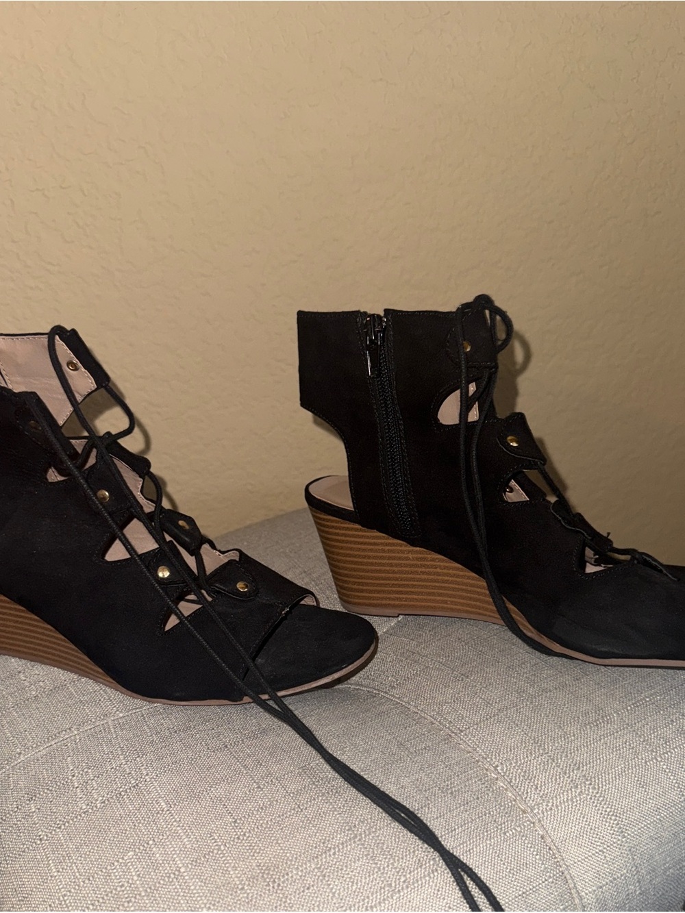 Charming Charlie Black Lace-Up Peep Toe Wedge Sandals